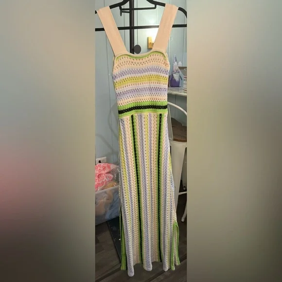 NWOT Ciebon Sahara Crochet Midi Sweater Dress - Green Multi - M - Picture 9 of 11